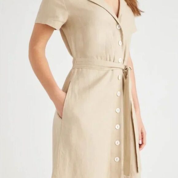 Quince 100% European Linen Button Front Dress Driftwood Beige Medium - Picture 3 of 15